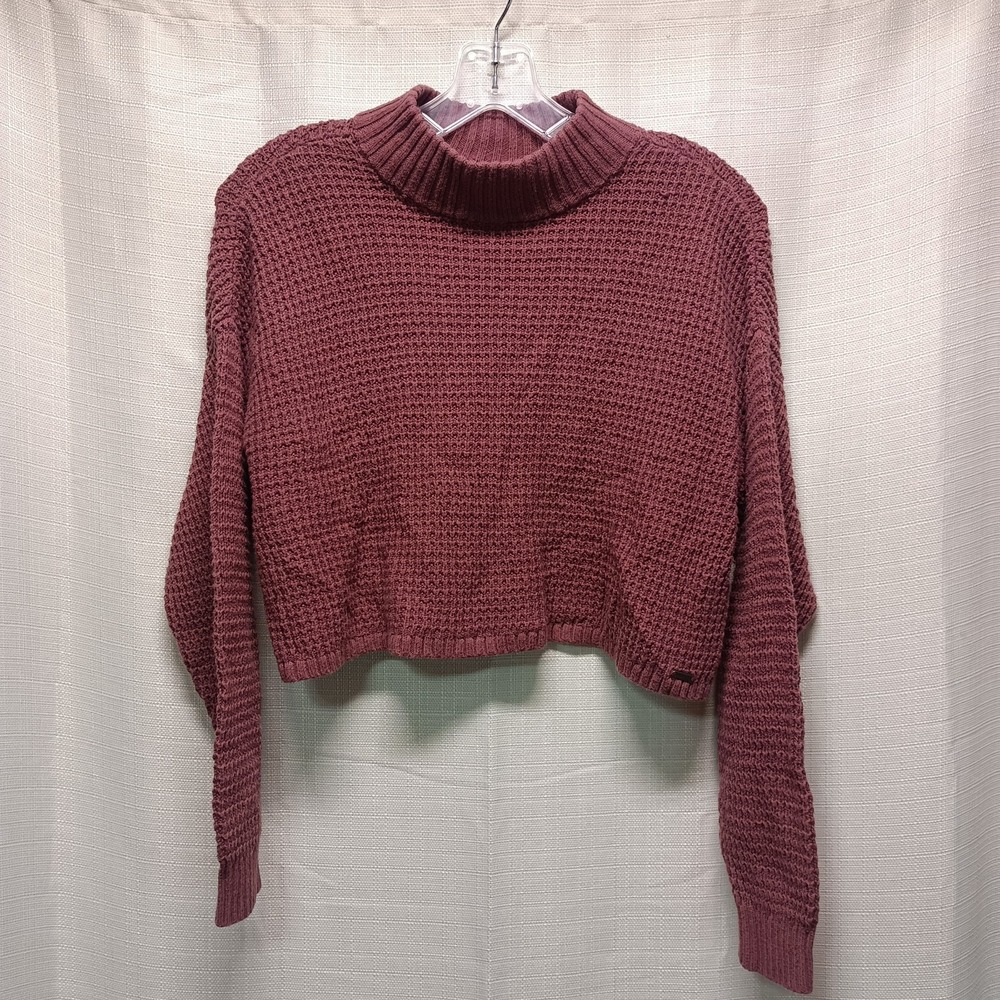 Hollister Cropped Purple Waffle Knit Mock Neck Sweater Womens S Long Sleeve Logo